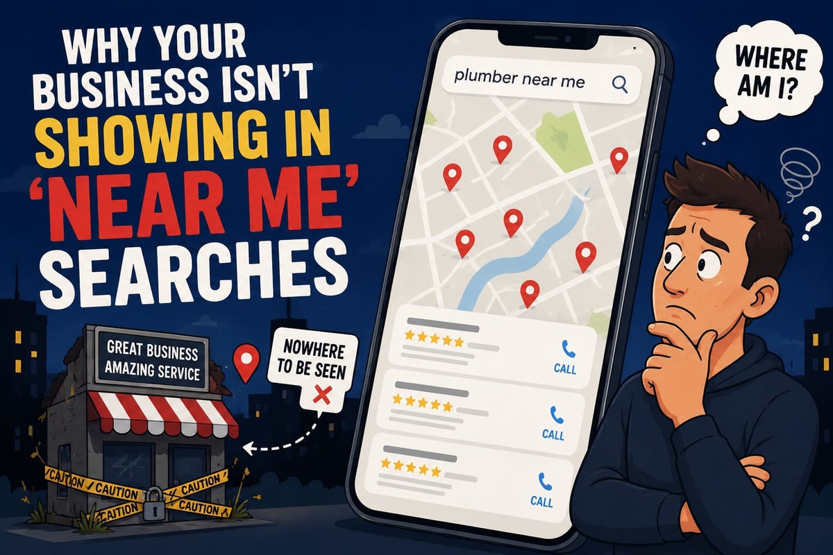 Infographic explaining why a business isnt showing in near me searches, featuring a smartphone displaying plumber search results and a confused man wondering where his business is