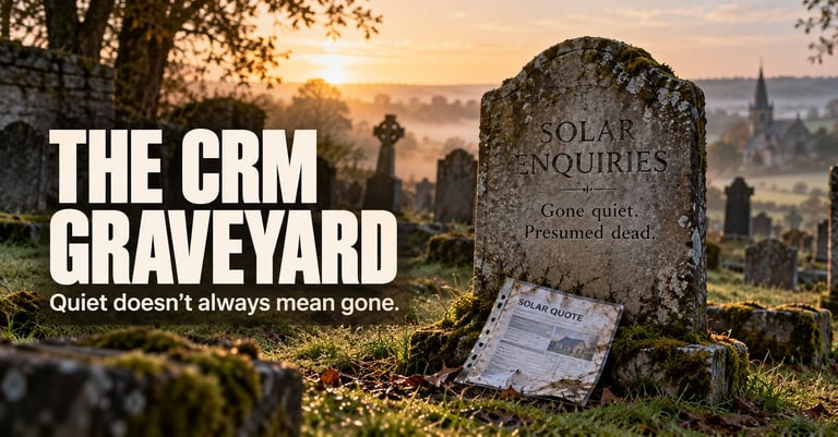 Cemetery at sunrise with a gravestone marked Solar Enquiries, an old solar quote leaning at its base, countryside in the background and the tagline Quiet doesnt always mean gone