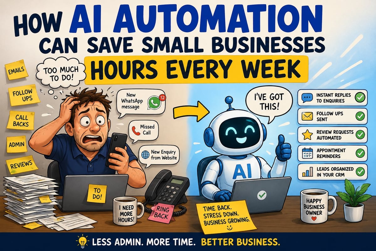 Infographic showing a stressed businessman surrounded by tasks, with an AI robot assistant offering to automate emails, follow-ups, calls, and reminders to save hours weekly and reduce admin work.