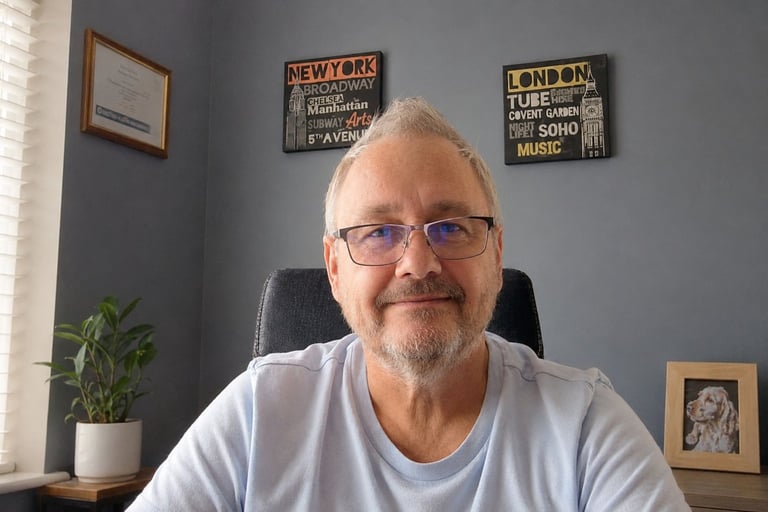 Middle-aged man with glasses and white beard in light blue shirt, seated in office